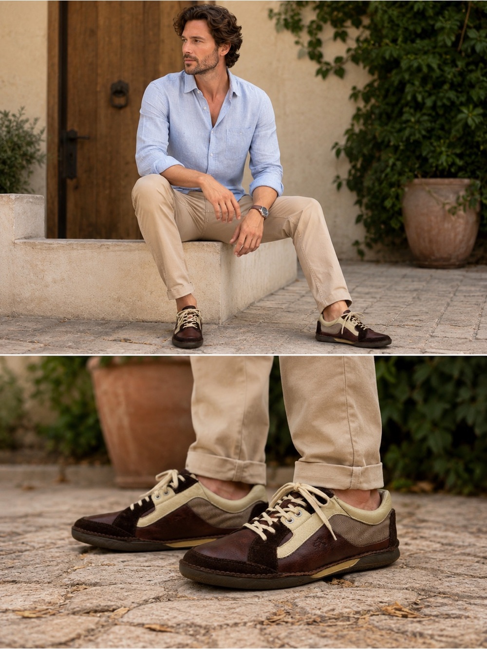 Fluchos Vintage Men's Brown Leather & Suede Casual Comfort Sneakers.
